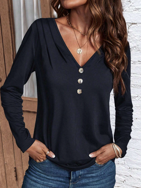 

Women Plain V Neck Casual Long Sleeve T-shirt, Navyblue, Long Sleeves