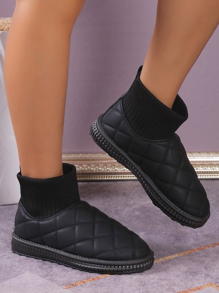 

Casual Plaid Embossed Knitted Paneled Slip On Snow Boots, Black, Boots