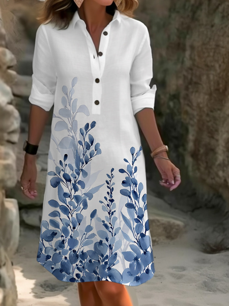 

Buckle Casual Floral Shirt Collar Dress, White, Dresses