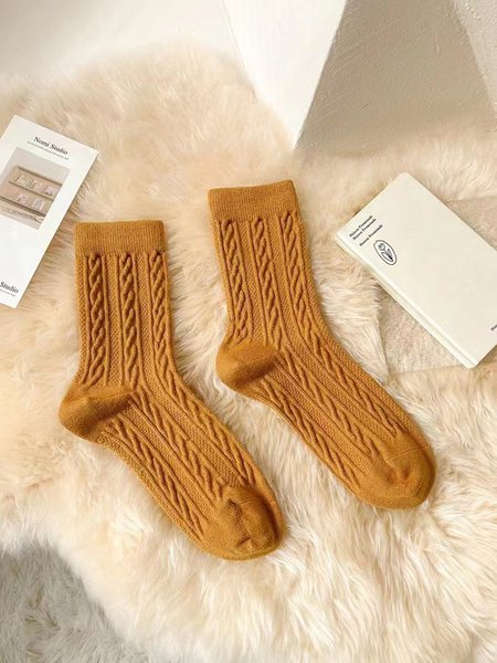 

1pair Women High-Elastic Twist Mid-calf Socks, Mustard, Socks