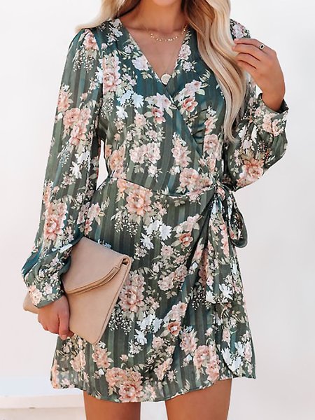 

Women Floral V Neck Long Sleeve Comfy Boho Short Dress, Green, Short