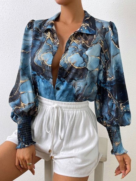 

Abstract Loose Shirt Collar Urban Blouse, Blue, Blouses and Shirts