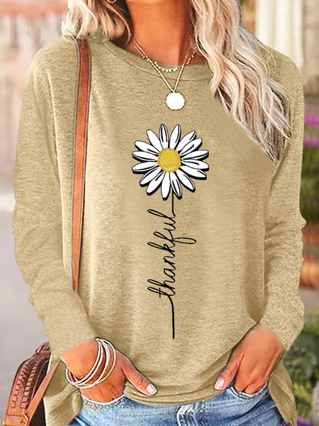 

Women's Thankful Daisy Crew Neck Casual Daisy Long Sleeve Shirt, Khaki, Long sleeves