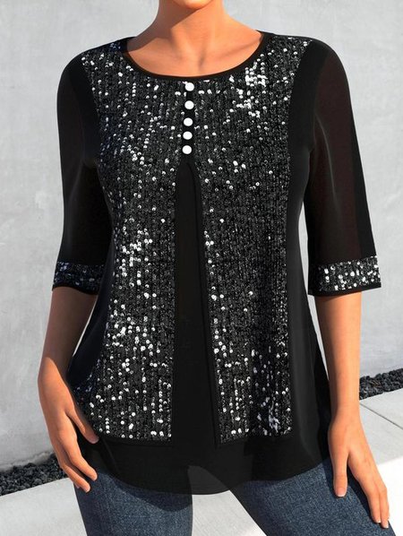 

Crew Neck Glitter Plain Casual Shirt, Black, Shirts & Blouses