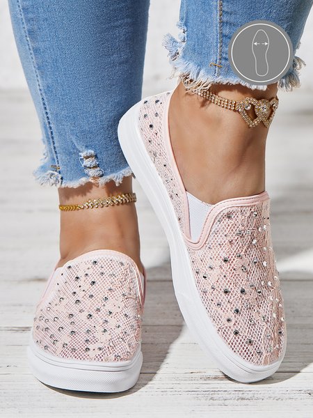 

Pink Lace Rhinestone Decor Breathable Slip On Shoes, Flats