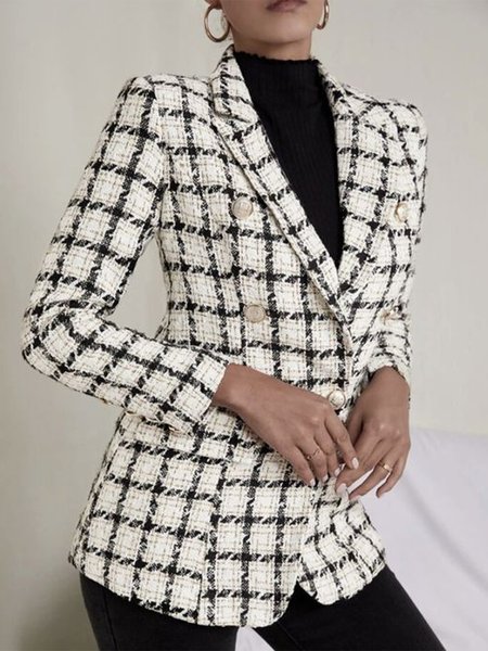 

Lapel Collar Elegant Plaid Regular Fit Blazer, Black-white, Blazers