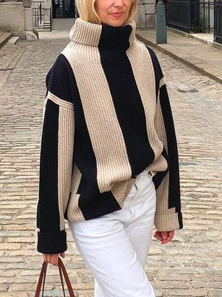 

Loose Striped Urban Long Sleeve Sweater, Black, Pullovers