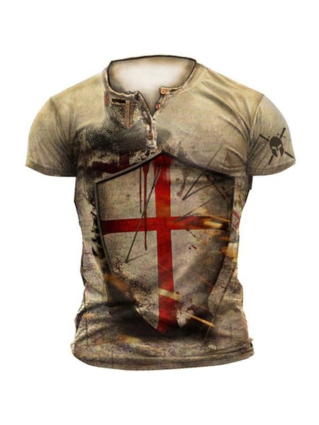 

Men's Casual Cross Knight Pattern Distressed Short Sleeve T-Shirt Street Vintage Clothing, Brown, T-Shirts