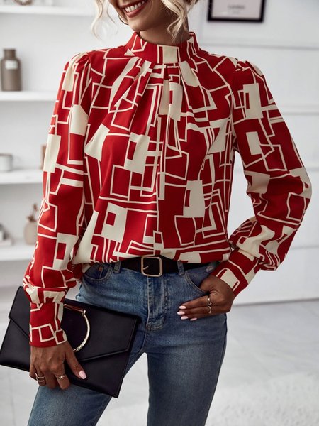 

Urban Loose Stand Collar Geometric Blouse, Red, Blouses and Shirts
