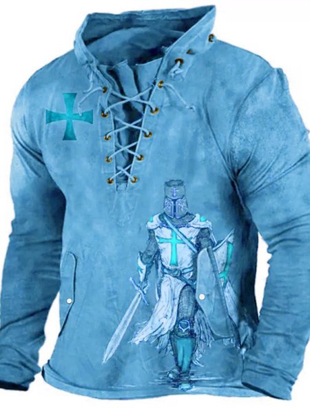 

Men's Casual Cross Knight Pattern Distressed Long Sleeve T-Shirt Street Vintage Clothing, Blue, T-Shirts