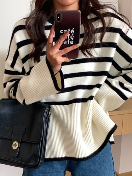 

Crew Neck Casual Striped Sweatshirt, White, Sweatshirts & Hoodies