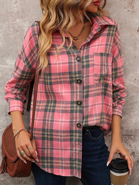

Buttoned Shirt Collar Casual Plaid Print Drop Shoulder Coat, Pink, Shirts & Blouses