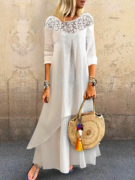 

Loose Casual Plain Crew Neck Dress, White, Dresses