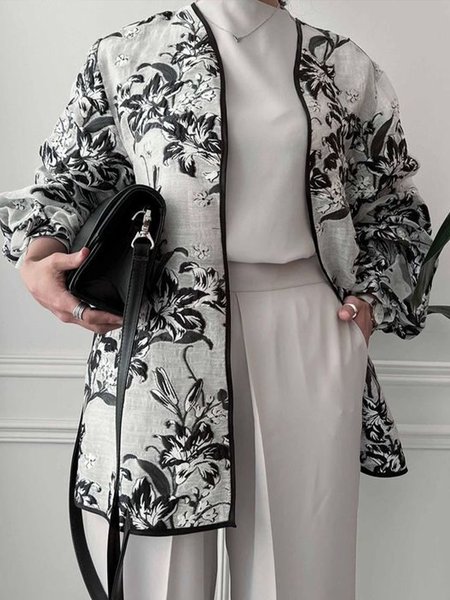 

Loose Floral Print Urban Long Sleeve Jacket, As picture, Jackets