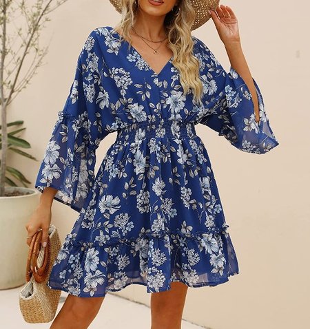 

Women Floral V Neck Long Sleeve Comfy Boho Short Dress, Blue, Short