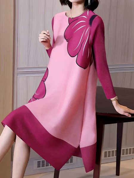 

Elegant Floral Loose Crew Neck Dress, Pink, Midi Dresses