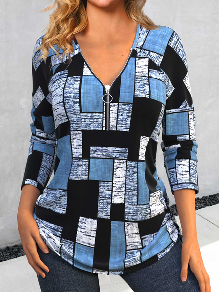 

V Neck Zipper Casual T-Shirt, Blue, T-Shirts