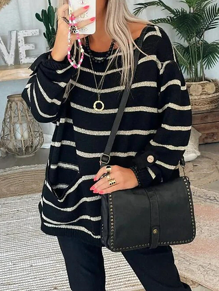 

Wool Striped Casual Crew Neck Sweater, Black, Sweaters