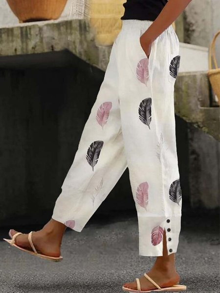 Casual Loose Feather Pattern Pants, White, Pants