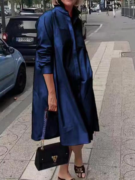 

Casual Plain Regular Fit Shirt Dress With No, Deep blue, Dresses