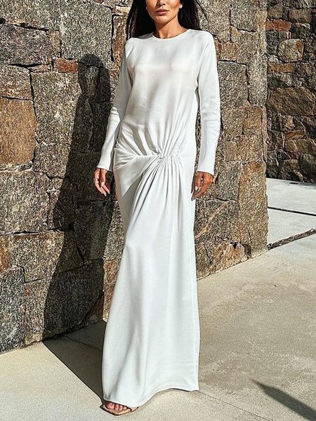 

Elegant Crew Neck Plain Long Sleeve Maxi Dress With No Belt, White, Maxi Dresses