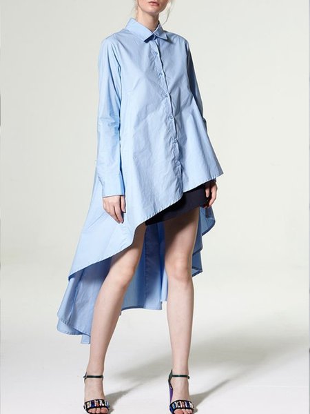 

Loose Plain Urban Long Sleeve Asymmetrical Blouse, Blue, Blouses and Shirts