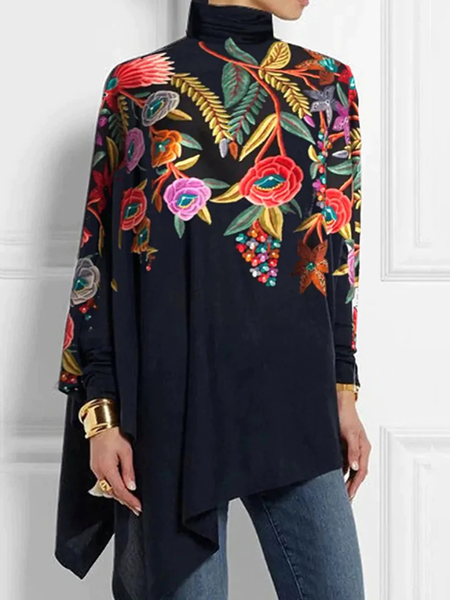 

High Elasticity Floral Loose Long Sleeve Turtleneck Urban Shirt, As picture, Blouses and Shirts