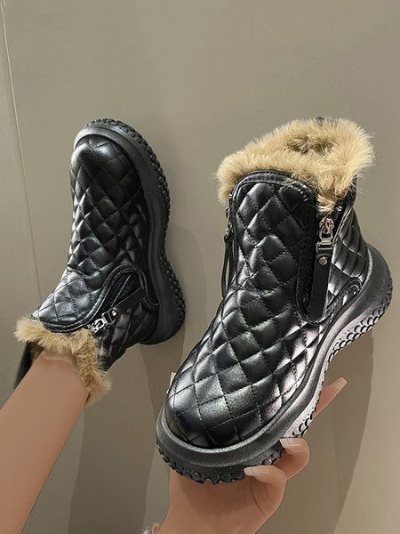 

Plaid Stitching Double Zipper Warmth Faux Fur Lined Snow Boots, Black, Boots