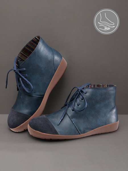 

Vintage Blue Suede Panel Leather Lace-Up Booties, Boots