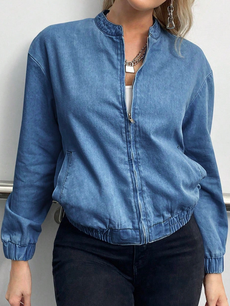 

Casual V Neck Plain Loose Zip Up Pocket Denim Blue Jacket, Jackets