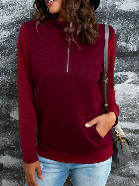 

Plain Casual Loose Half Zip Kangaroo Pocket Sweatshirt, Red, Sweatshirts & Hoodies