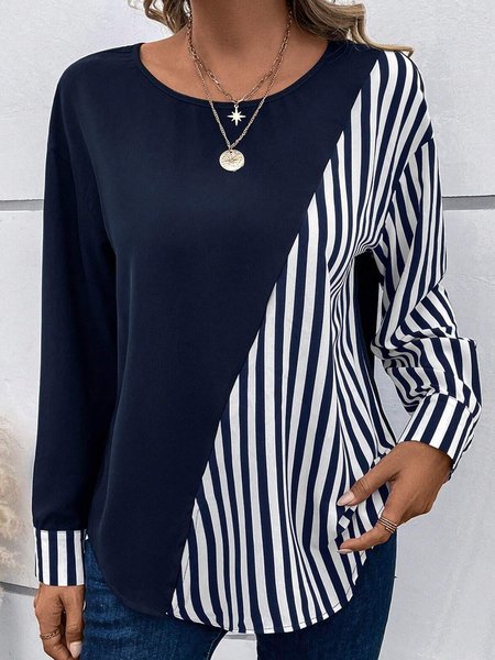 Women Striped Crew Neck Casual Long Sleeve T-shirt, Blue, Long Sleeves