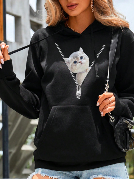 

Hoodie Loose Casual Cat Print Kangaroo Pocket Drawstring Hoodie, Black, Sweatshirts & Hoodies