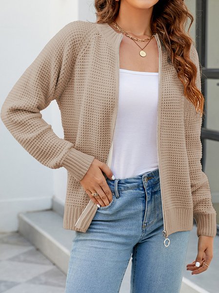 

Crew Neck Zipper Loose Casual Cardigan, Khaki, Sweaters & Cardigans