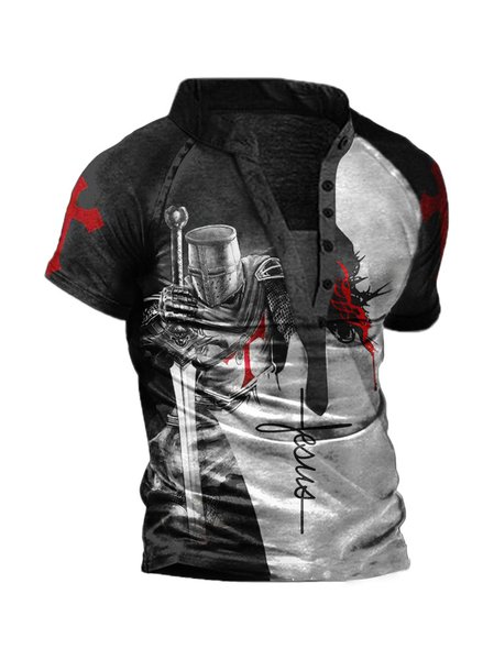 

Men's Casual Cross Knight Pattern Distressed Short Sleeve T-Shirt Street Vintage Clothing, Black, T-Shirts