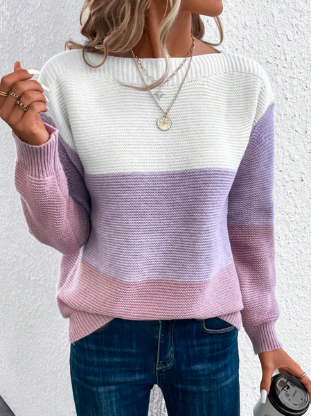 

Loose Yarn/Wool Yarn Crew Neck Color Block Drop Shoulder Sweater, Purple, Sweaters