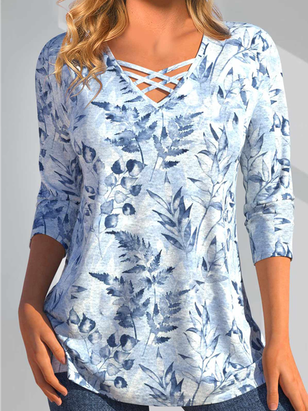 

V Neck Casual Leaf Regular Fit T-Shirt, Blue, Shirts & Blouses