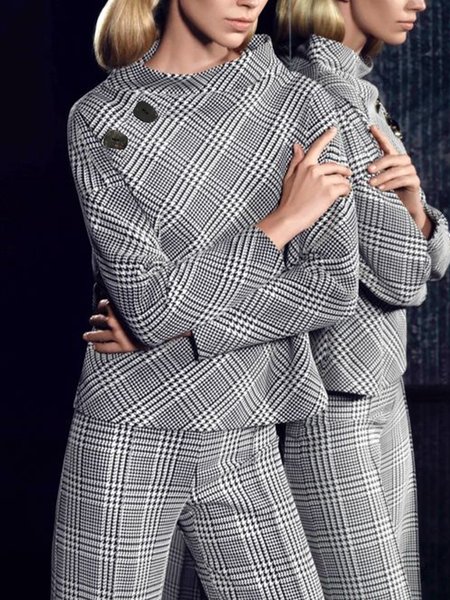 

Plaid Loose Urban Half Turtleneck Shirt, Black-white, Blouses and Shirts