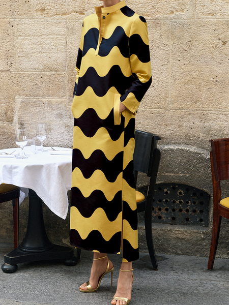 

Elegant Geometric Loose Stand Collar Long Sleeve Maxi Dress, Yellow, Maxi Dresses