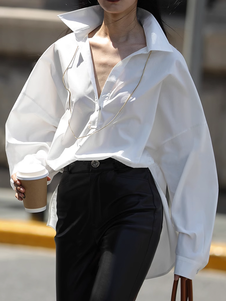 

Loose Urban Shirt Collar Long Sleeve Blouse, White, Blouses and Shirts