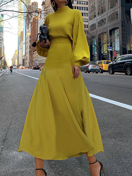 

Regular Fit Elegant Stand Collar Long Sleeve Maxi Dress, Yellow, Maxi Dresses