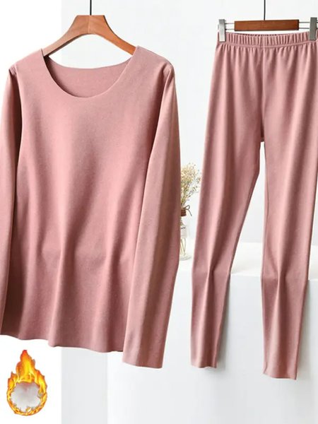 

Round Neck Casual Loose Warm Fleece Suit, Dark pink, Suit Set