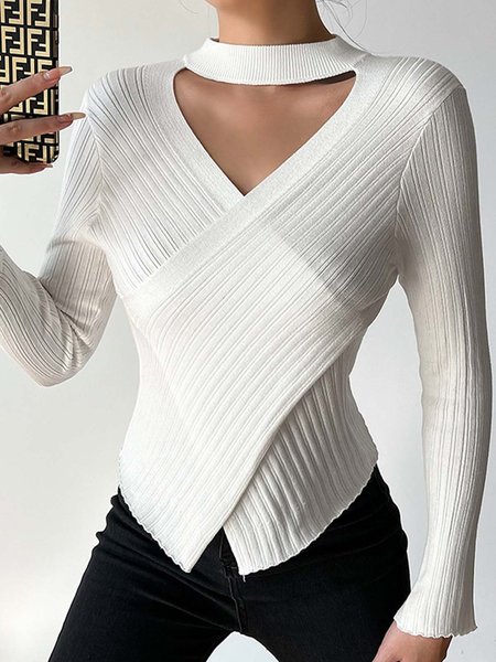 

Casual Plain Halter Long Sleeve T-shirt, Beige, T-shirts