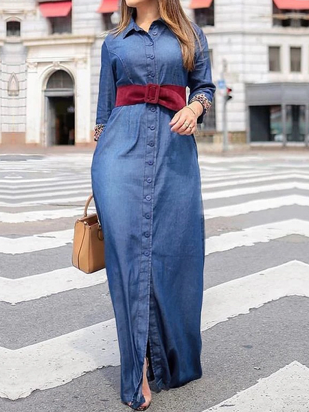 

Urban Shirt Collar Three Quarter Sleeve faux denim Dress With Belt, Denim blue, Maxi Dresses