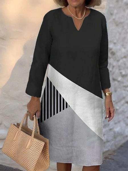 

Notched Casual Geometric Loose Dress, Black, Dresses