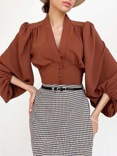 

Regular Fit V Neck Elegant Plain Blouse, Red brown, Blouses and Shirts
