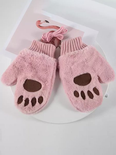 

Cute Bear Paw Shape Plush Thick Warm Gloves, Pink, Women Gloves