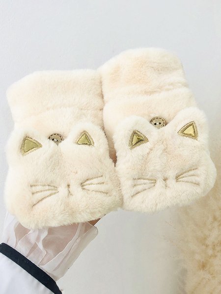 

Cute Cat Shape Thickened Plush To Keep Warm Two-wear Gloves, Beige, Women Gloves
