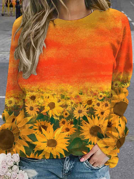 

Floral Loose Crew Neck Casual T-Shirt, Orange, T-Shirts