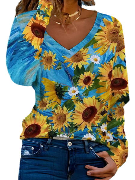 

Floral Casual Loose V Neck T-Shirt, Color5, T-Shirts